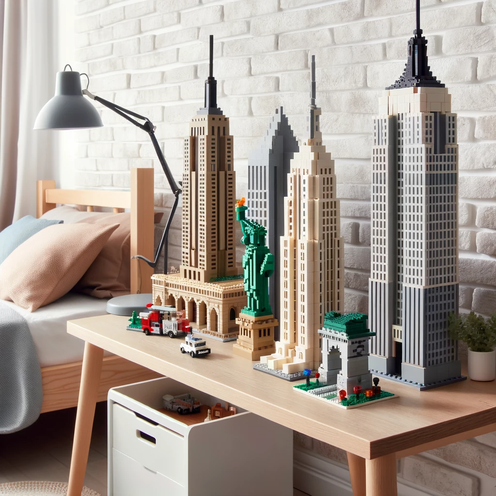 Des LEGO Architecture sur une table de nuit